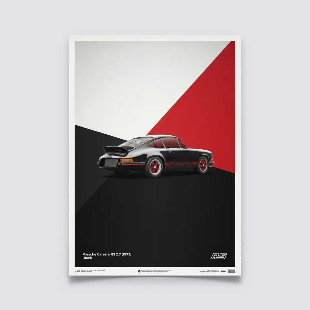 Poster Automobilist noir et rouge avec au centre la Porsche 911 RS noire modélisée en 3D en édition limitée