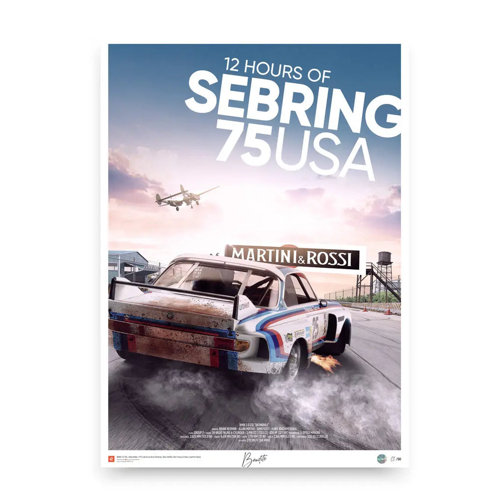 Poster BMW CSL 3.0 12h of Sebring 1975 Drift - Edition Limitée Exclusive Edition carsandme.com