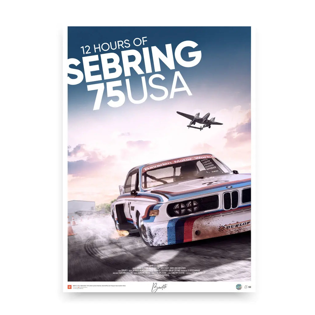 Poster BMW CSL 3.0 12h of Sebring 1975 Face – Edition Limitée Exclusive Edition carsandme.com