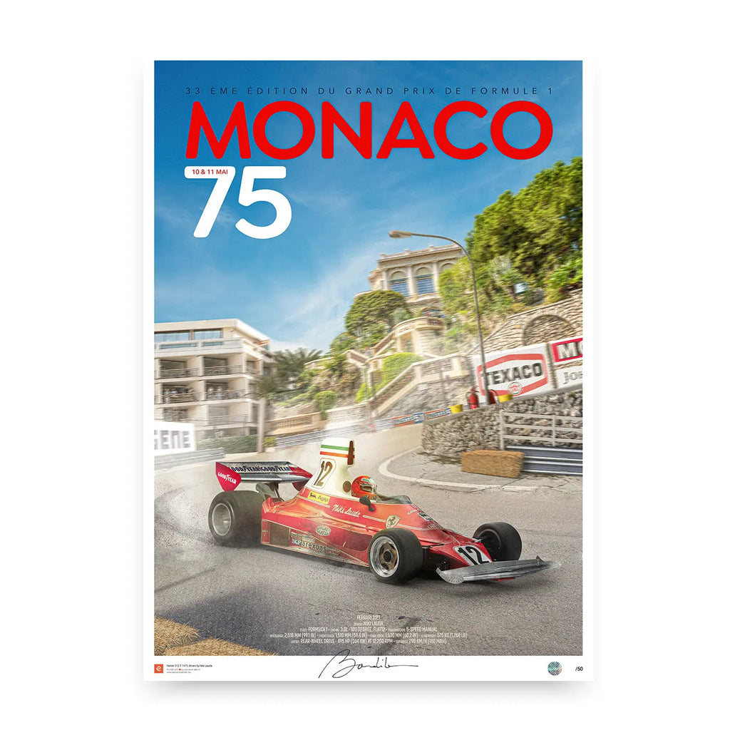 Poster Ferrari 312T Niki Lauda Monaco 1975 Loews turn - Edition Limitée Exclusive Edition carsandme.com