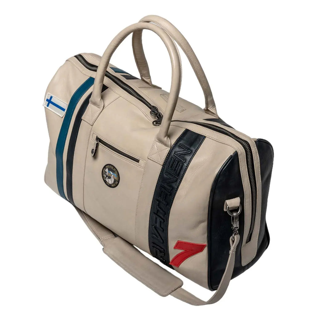 Sac de voyage en cuir Ari Vatanen Pikes Peak 48h Ecru Classic Legend Motors carsandme.com