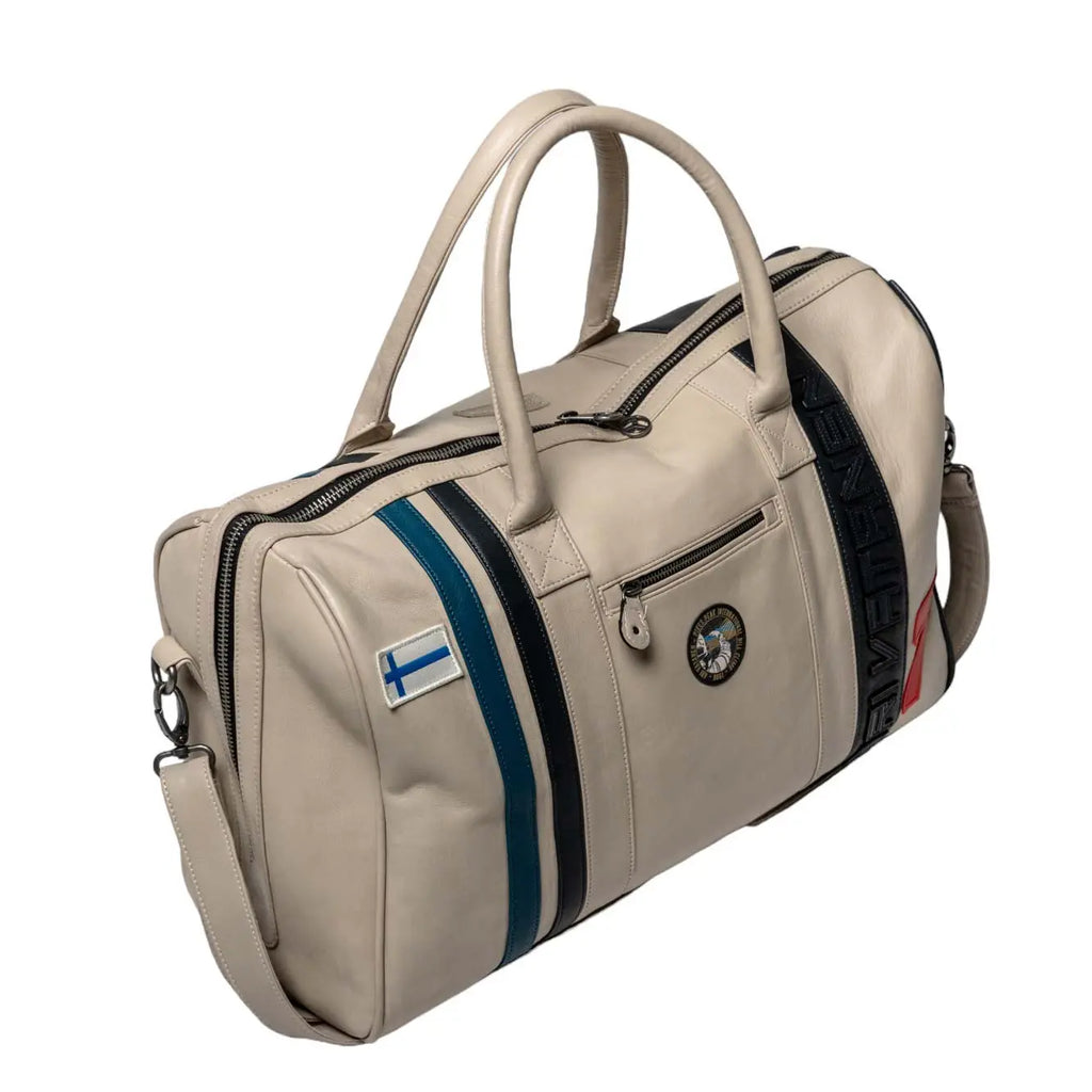 Sac de voyage en cuir Ari Vatanen Pikes Peak 48h Ecru Classic Legend Motors carsandme.com