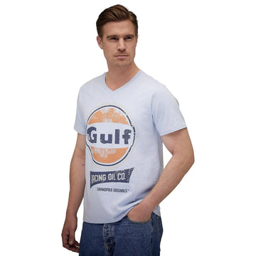 Gulf T-Shirt Oil Racing Col V Bleu Ciel | Cars and Me