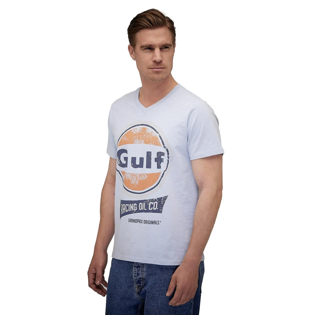 Gulf T-Shirt Oil Racing Col V Bleu Ciel | Cars and Me