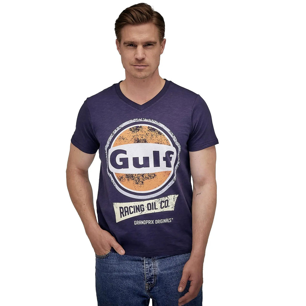 Gulf T-Shirt Oil Racing Col V Bleu Marine | Cars and Me