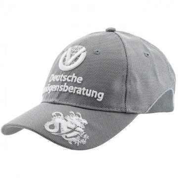 Casquette grise Michael Schumacher avec Deutsche Vermögenberatung brodé devant et dragon sur la visière, vue 3/4 gauche