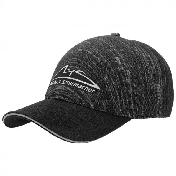 Casquette grise Michael Schumacher avec le logo et son nom devant et visière noire, vue de 3/4 gauche