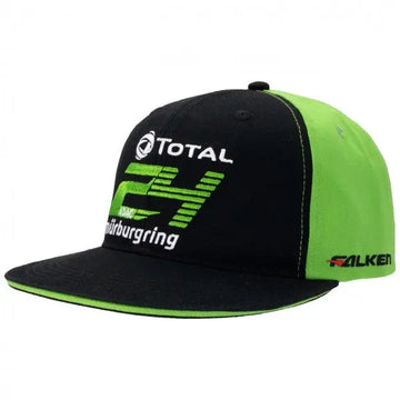 Casquette noire logo 24h Nürburgring devant, visière plate et arrière vert, vue 3/4 gauche