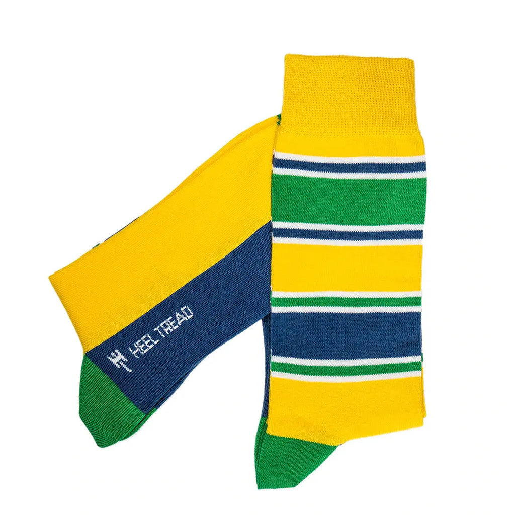 Paire de chaussettes jaunes Heel Tread  aux couleurs du casque d'Ayrton Senna