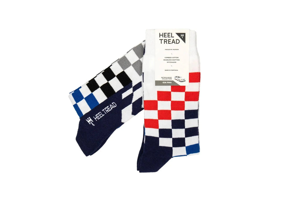 Paire de chaussettes blanches Heel Tread au décor damier de la BMW E36 Fina