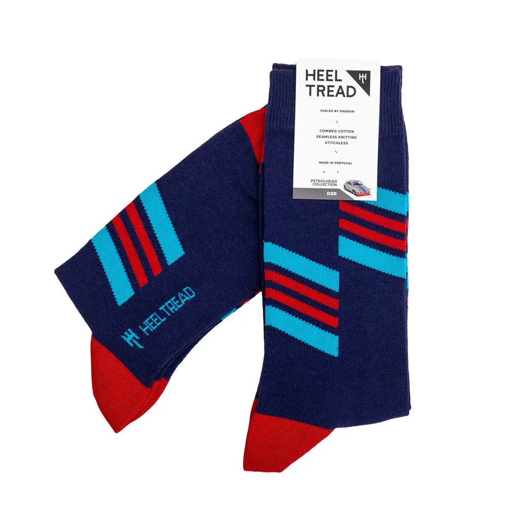 Paire de chaussettes bleues Heel Tread aux bandes rouges et bleues de la Porsche 911 RSR Martini Racing