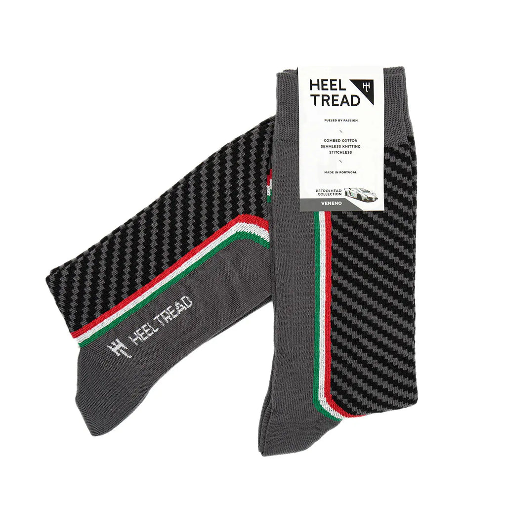 Paire de chaussettes grises Heel Tread au motif carbone et drapeau italien, de la Veneno 