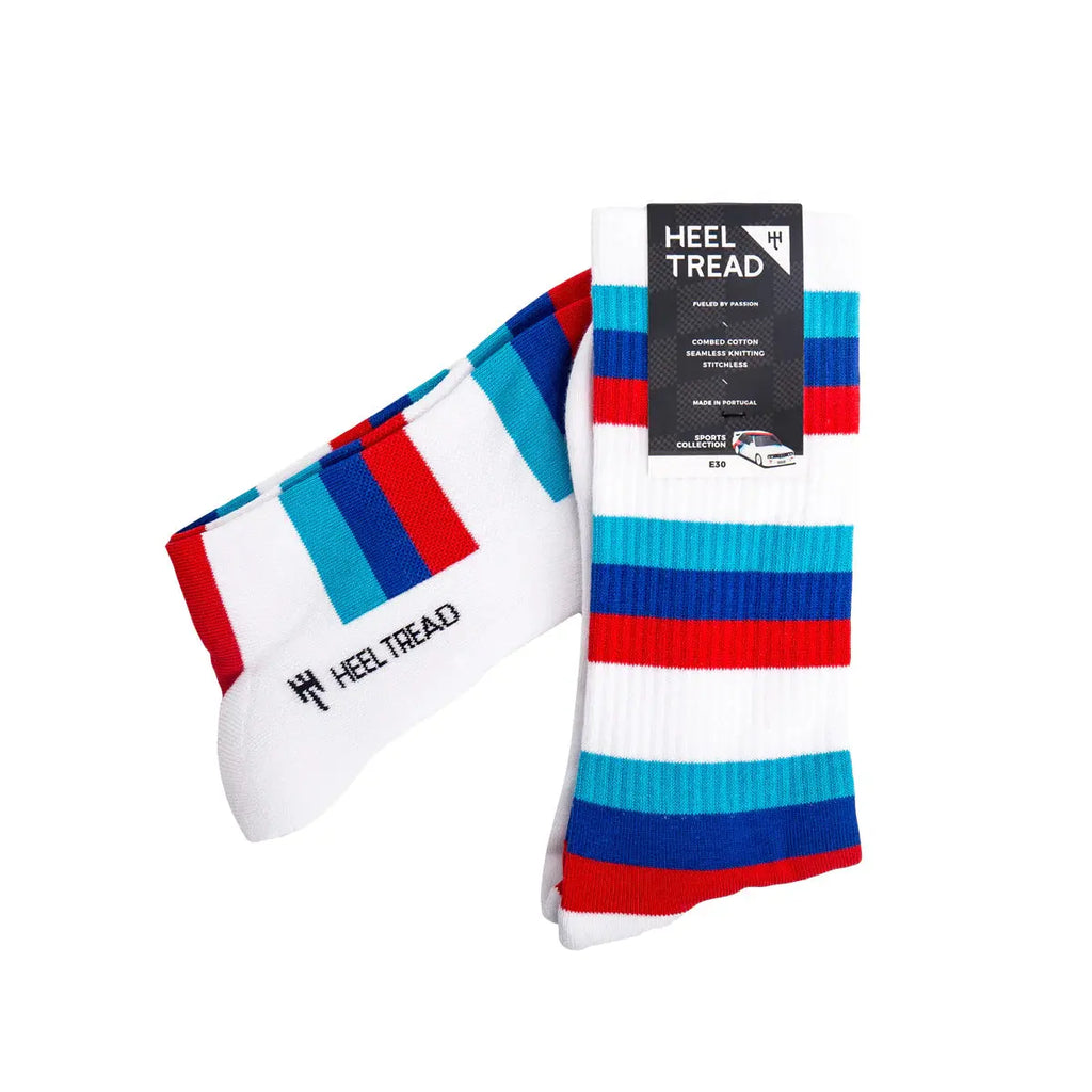 Paire de chaussettes de sport blanches Heel Tread, aux bandes rouges et bleues de la BMW E30