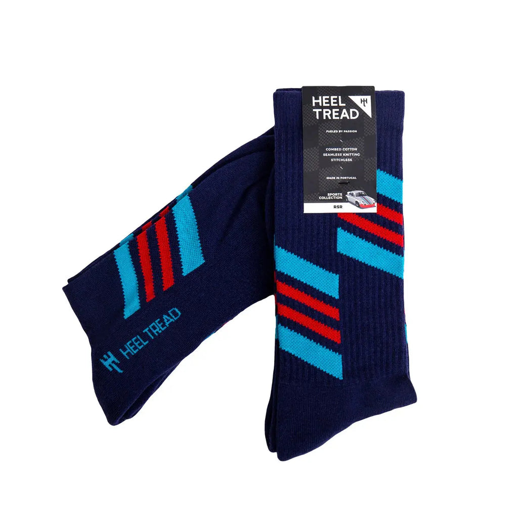 Paire de chaussettes de sport bleues Heel Tread aux bandes rouges et bleues de la Porsche 911 RSR Martini Racing