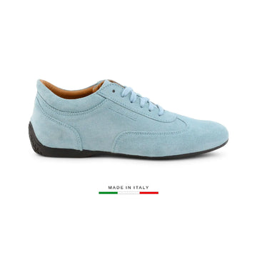 Chaussure Sparco Imola en cuir suédé bleu ciel, made in Italy, vue de profil droit