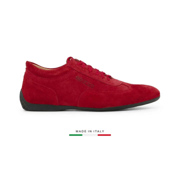 Chaussure Sparco Imola en cuir suédé rouge avec lacets rouges, made in Italy, vue de profil droit