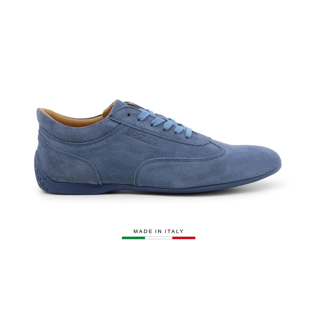 Chaussure basse Sparco Imola en cuir suédé bleu jeans avec semelle bleue, made in Italy, vue de profil droit