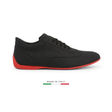Chaussure de ville Sparco Imola en cuir noir,et semelle rouge, made in Italy, vue de profil droit