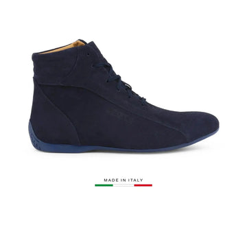 Chaussure montante Sparco Monza en cuir suédé bleu avec semelle bleue, vue de profil droit