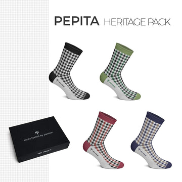 Pack Pepita heritage de 4 chaussettes Heel Tread, au motif du tissu des Porsches avec leur boite