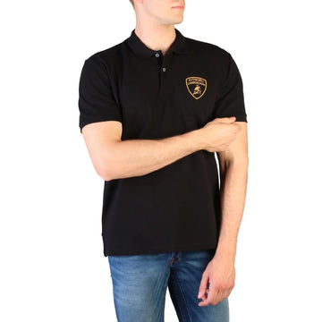 Polo noir manches courtes Grand Ecusson Automobili Lamborghini col 2 boutons, aves grand écusson doré sur la poitrine, porté