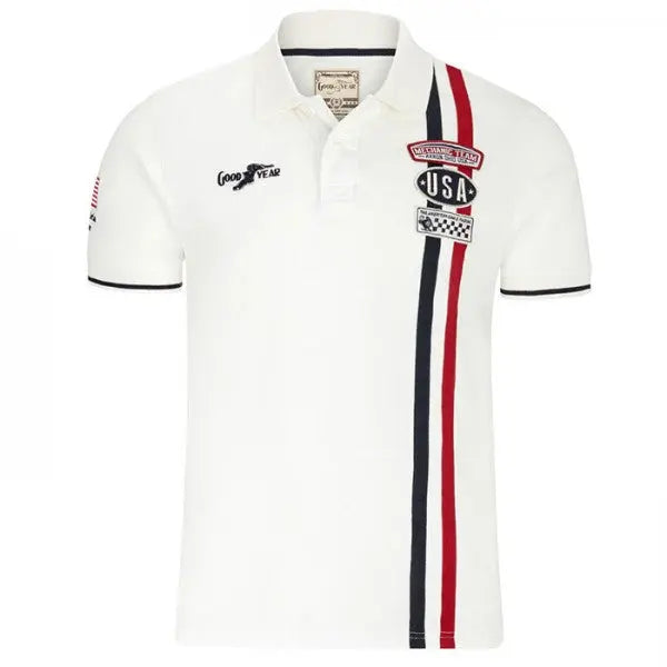 Polo Las Vegas blanc Goodyear manches courtes logo brodé sur la poitrine et bandes rouge et bleue avec patch de la marque cousus