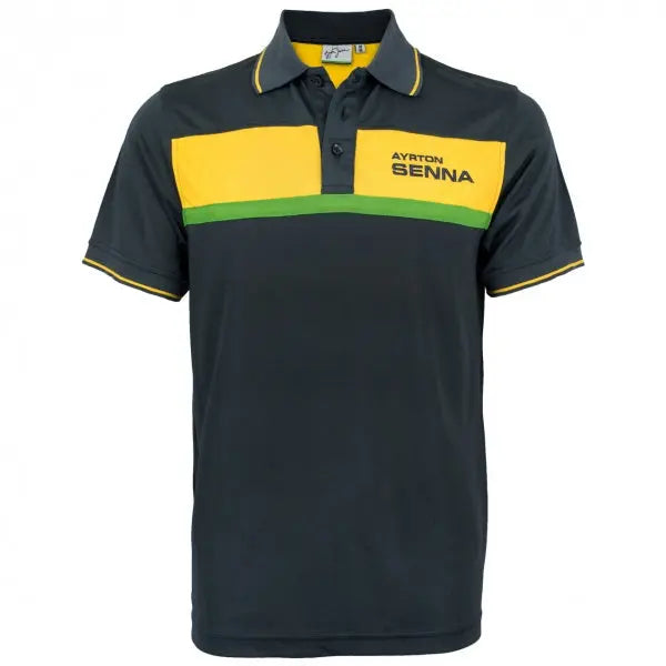 Polo bleu Racing Ayrton Senna manches courtes bandes jaune et verte sur le devant avec son nom brodé sur la poitrine