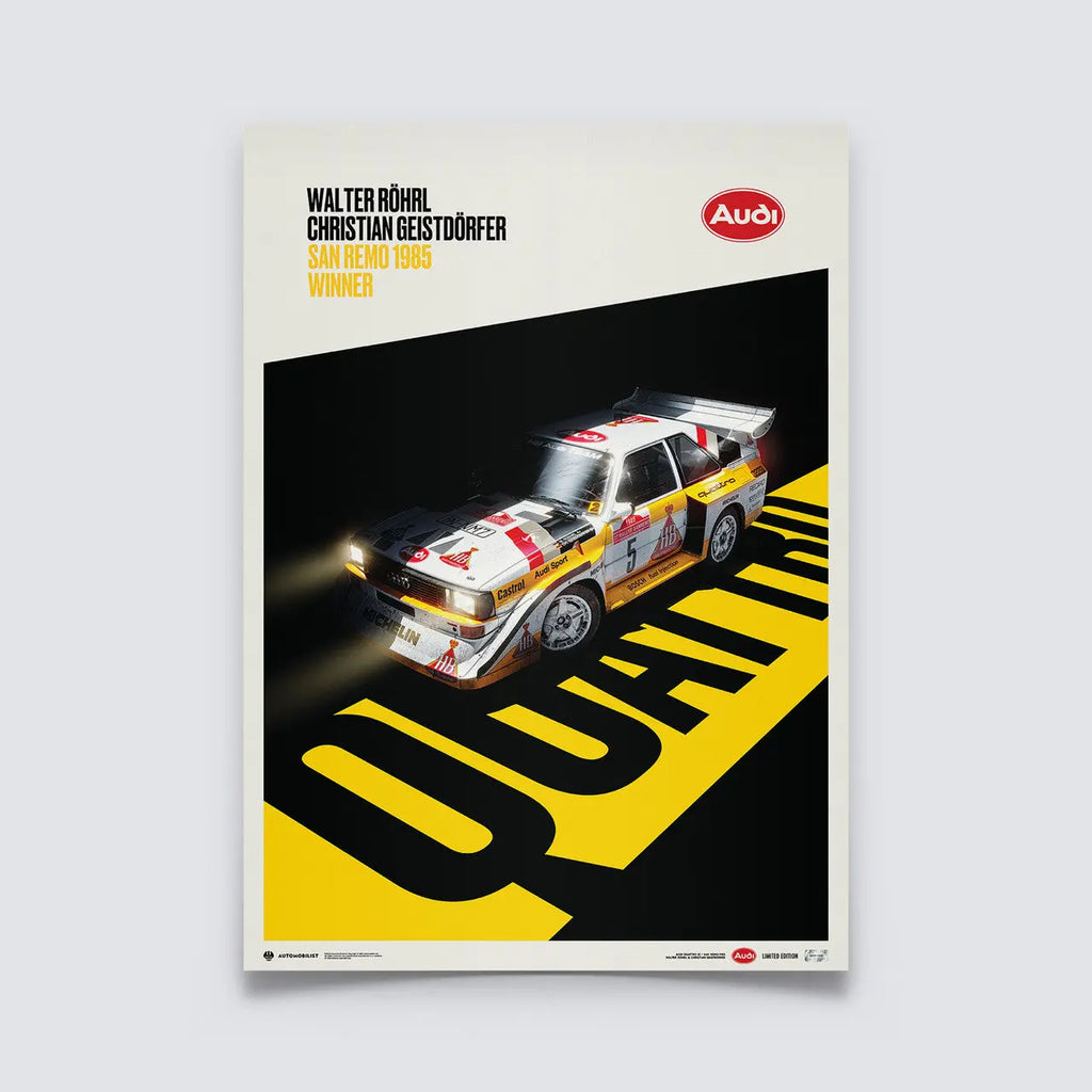 Poster Audi Quattro S1 Walter Röhrl et Christian Geisrdörfer San Remo 1985 - Edition limitée