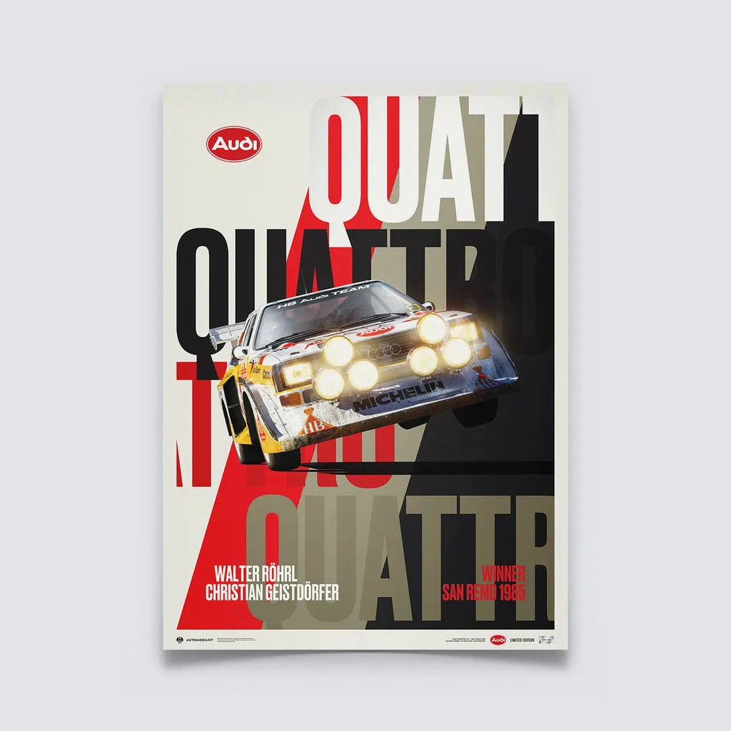 Poster Audi Quattro S1 Walter Röhrl et Christian Geisrdörfer Saut San Remo 1985 - Edition limitée