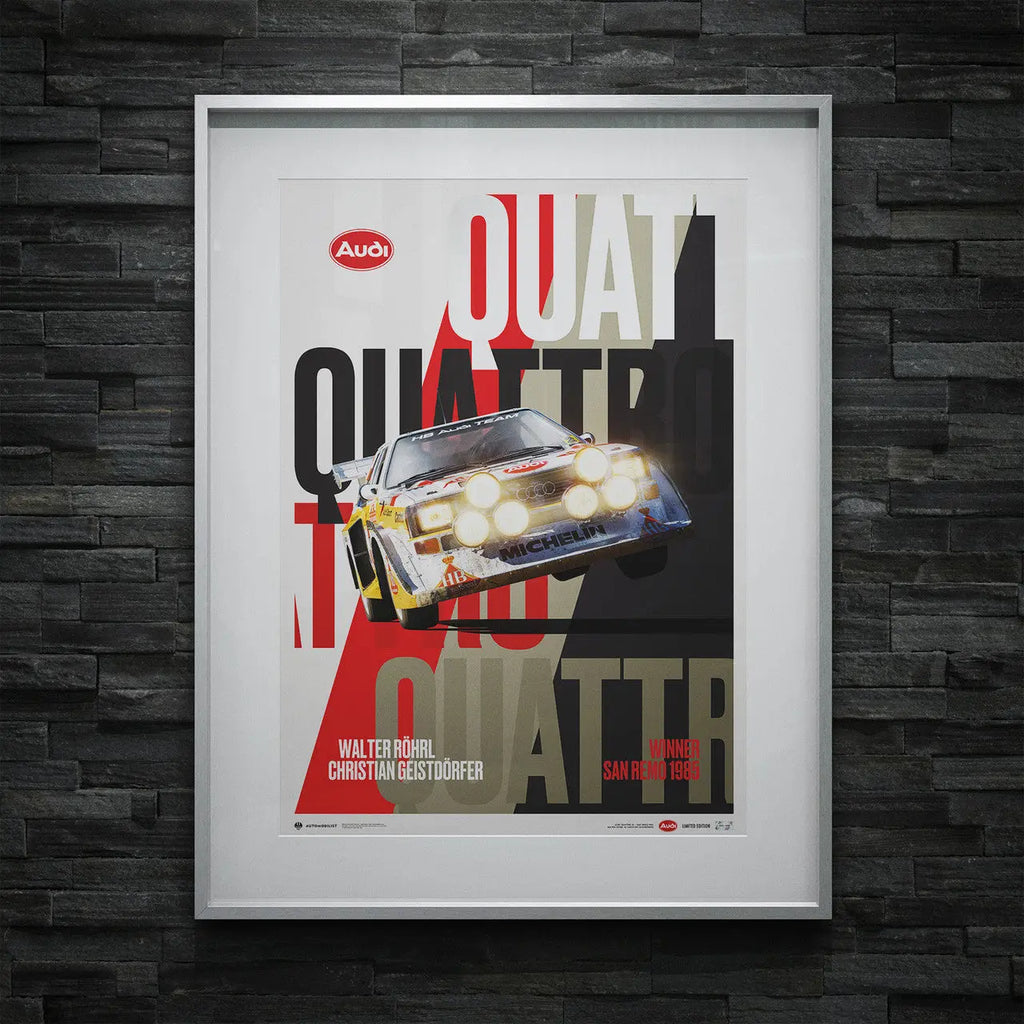 Poster Audi Quattro S1 Walter Röhrl et Christian Geisrdörfer Saut San Remo 1985 - Edition limitée
