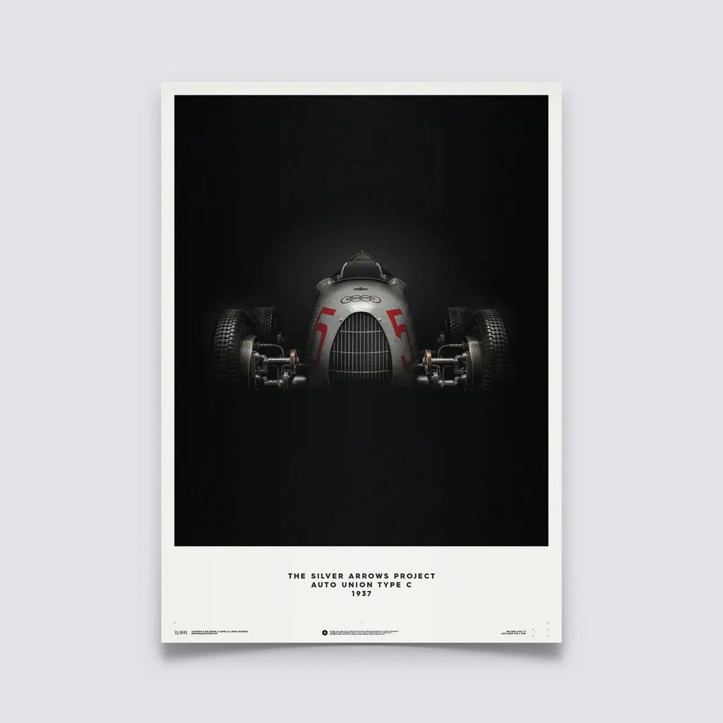 Poster Automobilist montrant une Auto Union Type C sur fond noir