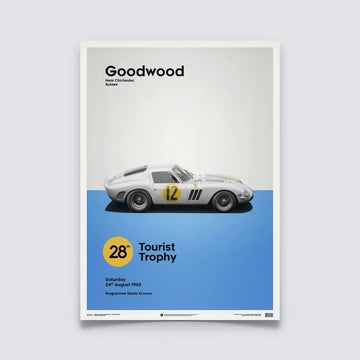 Poster Automobilist montrant la Ferrari 250 GTO blanche Goodwood de 1963 sur fond bleu et blanc