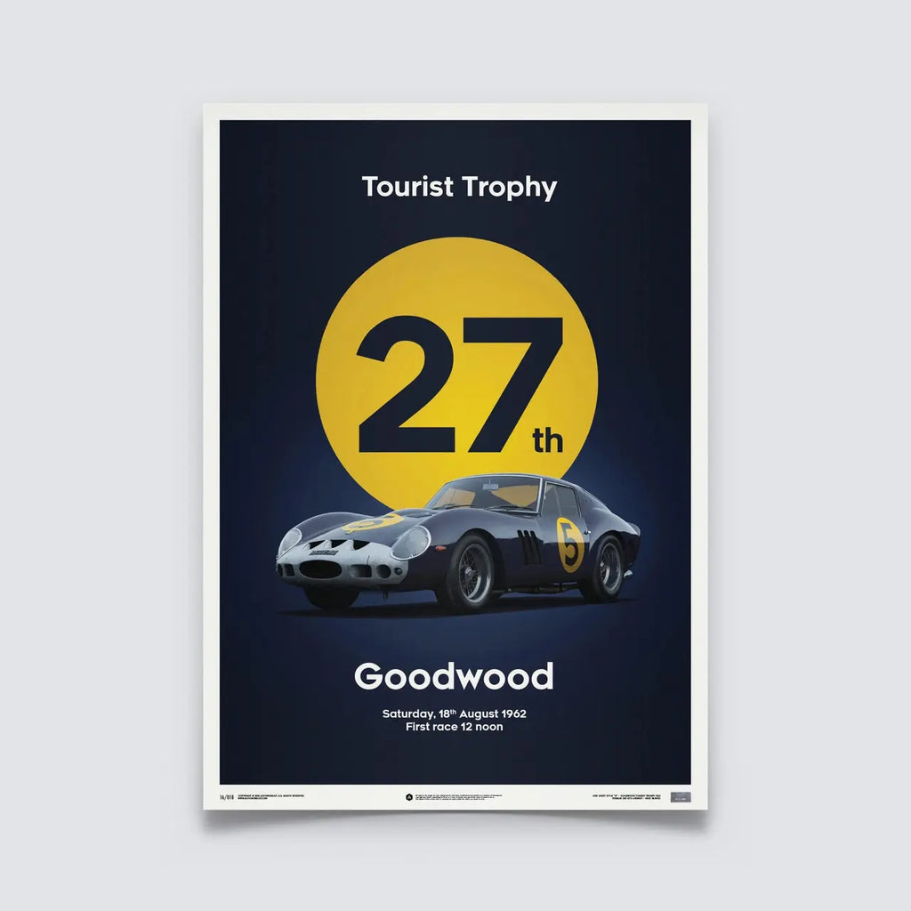 Poster Automobilist de la Ferrari 250 GTO Bleu Nuit à Goodwood au 27ème TT inscrit dans un rond jaune