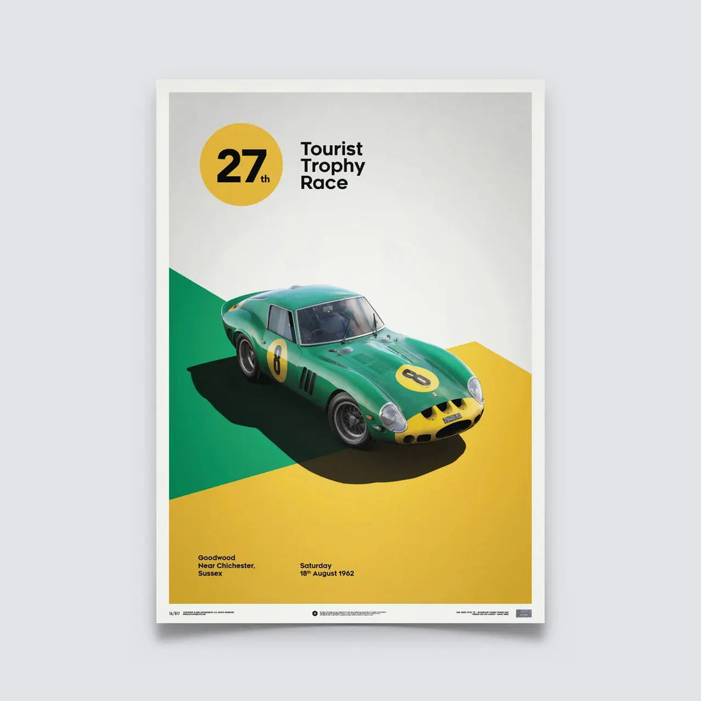 Poster Automobilist jaune et vert avec Ferrari 250 GTO verte de 3/4