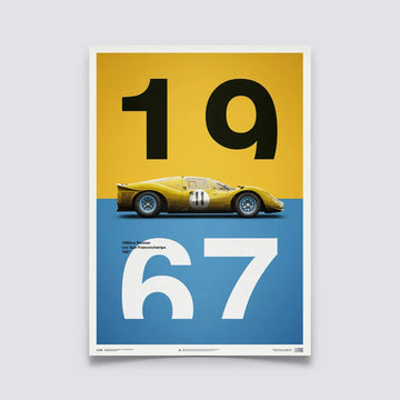 Poster Automobilist jaune et bleu montrant la Ferrari 412P Jaune de profil avec la date 1967