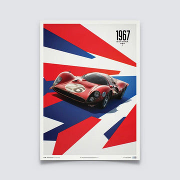 Poster Automobilist rouge et bleu montrant la Ferrari 412P rouge de 1967 modélisée en 3D