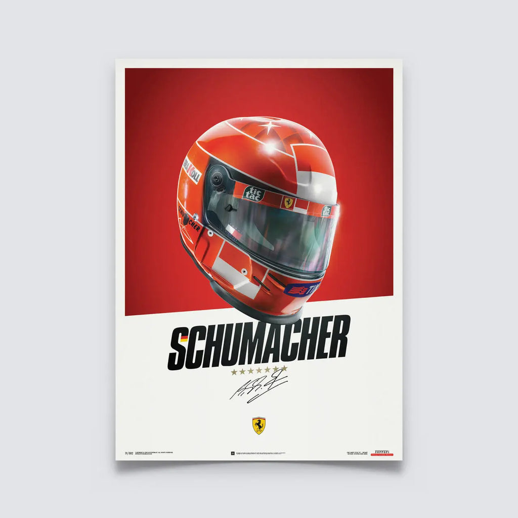 Poster Automobilist mettant à l'honneur le casque rouge Ferrari de Michael Schumacher sur fond rouge et blanc avec la signature du pilote de F1