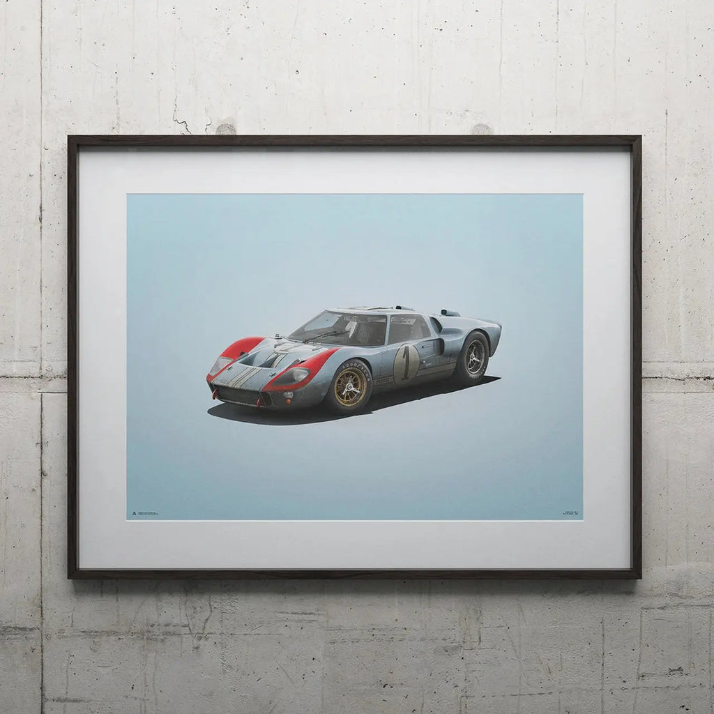 Poster automobilist bleu montrant une ford gt40 bleu 24h le mans de 1966 dans un cadre noir