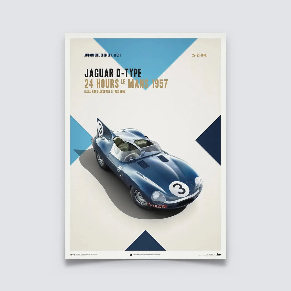 Poster Automobilist beige et bleu montrant la Jaguar Type D Bleu 24h Le Mans 1957 modélisée en 3D