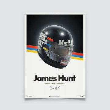 Poster Automobilist montrant le casque modélisé en 3D de James Hunt Champion de F1 en 1976 avec sa signature sur fond noir et blanc
