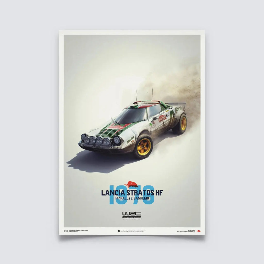 Poster Automobilist de la Lancia Stratos HF Blanc Alitalia modélisée en 3D et roulant au rallye de Sanremo 1976