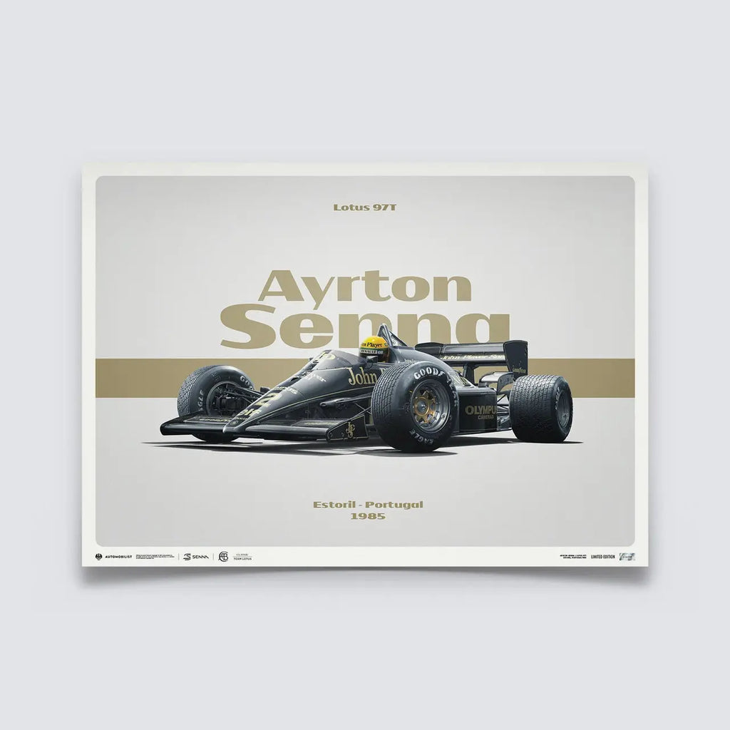Poster Automobilist montrant la Lotus 97T modélisée en 3D d'Ayrton Senna avec le pilote à Estoril 1985