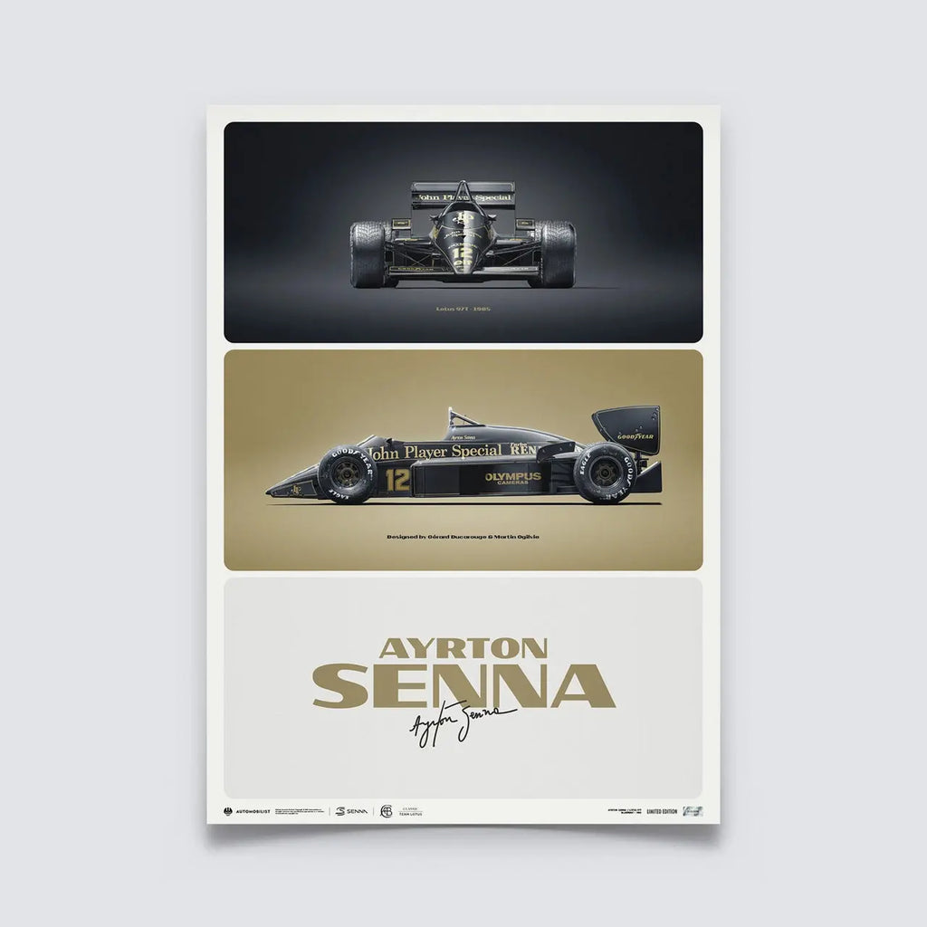Poster Automobilist montrant la Lotus 97T Ayrton Senna modélisée en 3D de face et de profil avec le nom et la signature du pilote