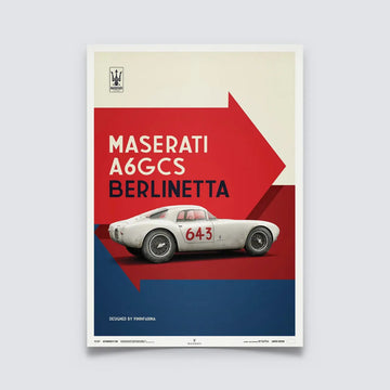 Poster Automoblist montrant la Maserati A6GCS Berlinetta Blanche modélisée en 3D de profil sur fond rouge et bleu