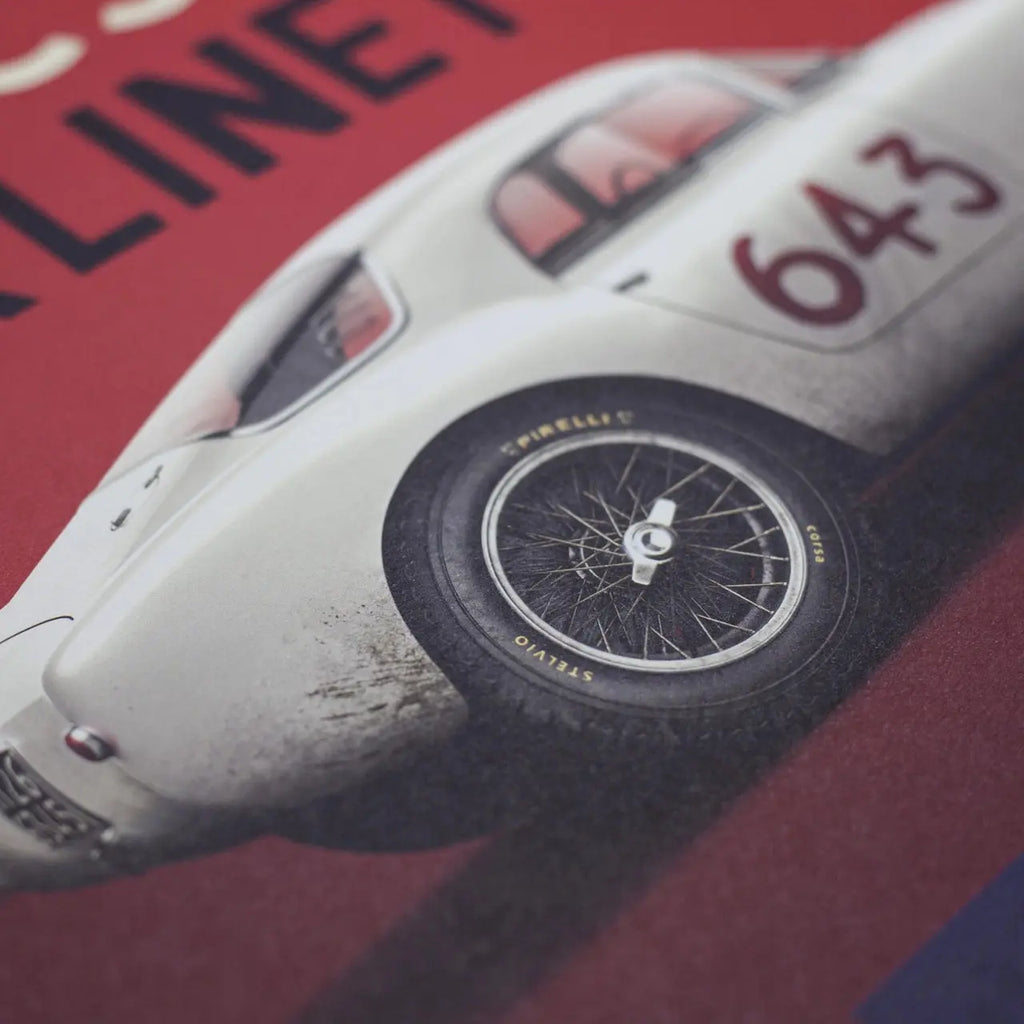 Détail de la roue arrière de la Maserati A6GCS Berlinetta Blanche modélisée en 3D de profil du poster Automoblist rouge et bleu
