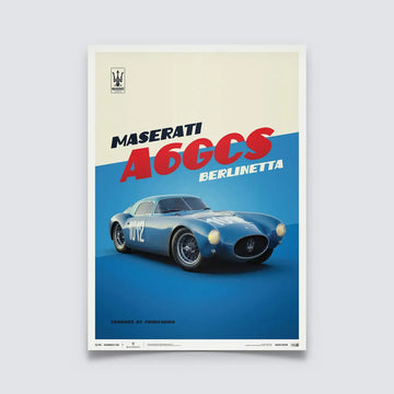 Poster Automoblist de la Maserati A6GCS Berlinetta bleue modélisée en 3D sur fond bleu et blanc en édition limité