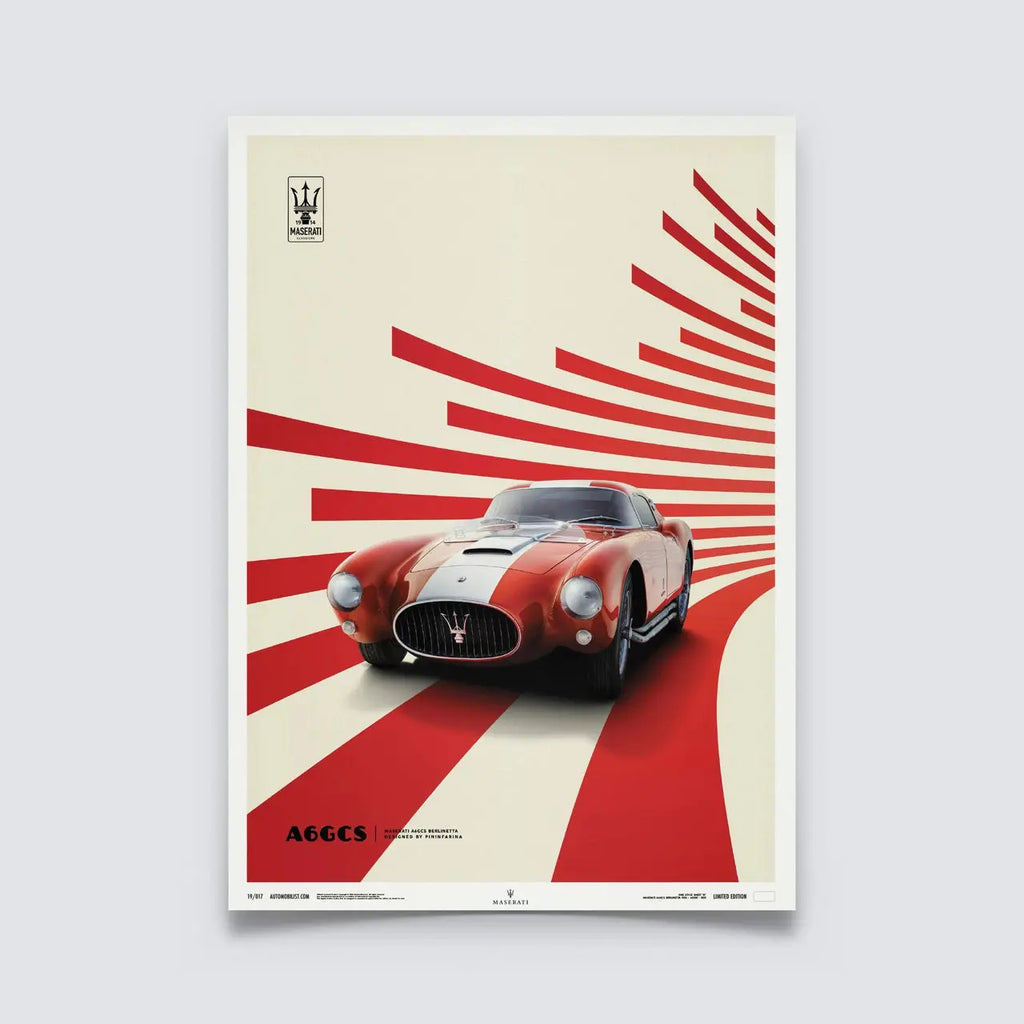 Poster Automoblist de la Maserati A6GCS Berlinetta rouge modélisée en 3D sur fond rouge et beige en édition limité