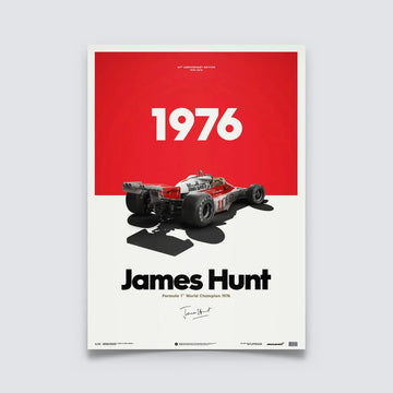 Poster Automobilist aux couleurs de Marlboro rouge et blanc montrant au centre la McLaren M23 de James Hunt modélisée en 3D en 1976 en édition limitée