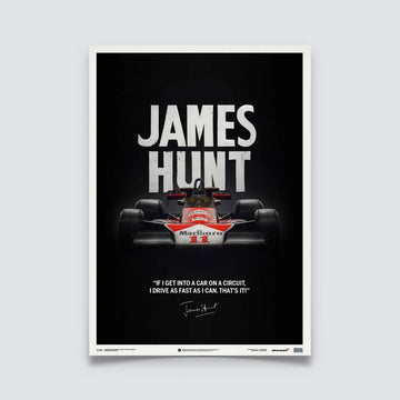 Poster Automobilist noir montrant la McLaren M23 de James Hunt de face modélisée en 3D devant le nom du pilote de F1 inscrit en blanc