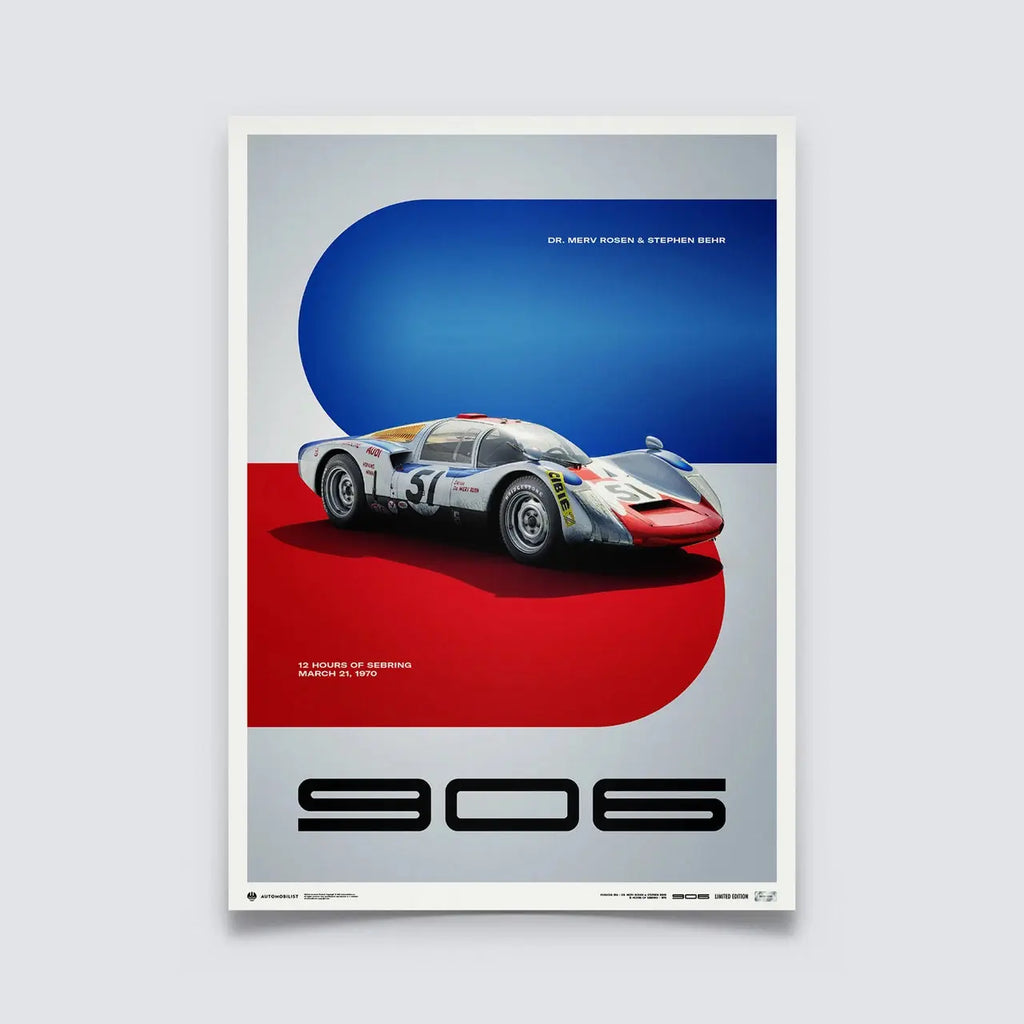 Poster Automobilist gris bleu et rouge montrant la Porsche 906 courant sous le numéro 51 aux 12 Hours of Sebring en 1970, modélisée en 3D